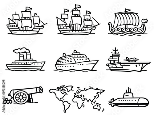 Print  Nautical Line Icons Set With Historic And Modern Ships Cannon And World Map Minimalist Black And White Clean Vector Illustration