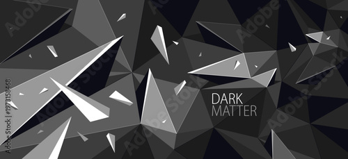 Dark low poly vector abstract background, black monochrome greyscale polygonal abstraction with decay motion of flying particles, 3D dynamic art.