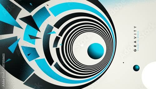 Blue colored gravity concept illustrating controlled attraction, depth, and focused motion as element converge into a calm, structured center.