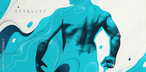 Abstract human vitality concept with strong male torso silhouette, energy flow, dynamic body power and fitness motivation illustration.