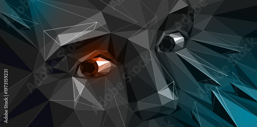 Low poly design of a boy male face in dark colors, vector illustration of a eyes looking at camera polygonal futuristic face wallpaper, artificial intelligence concept.
