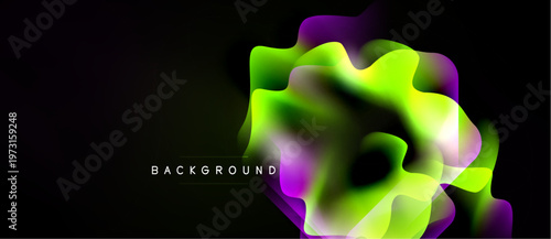 Abstract fluid shapes, vibrant purple, green hues dominate black background. Dynamic composition suggests movement, energy. Modern design element.