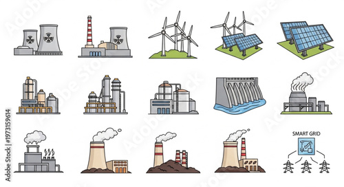 Diverse Energy Sources - Nuclear, Wind, Solar, and Industrial Power Plants.