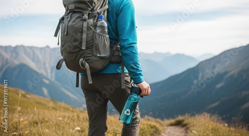 A hiker with a backpack and water bottle on a mountain trail, ready for adventure