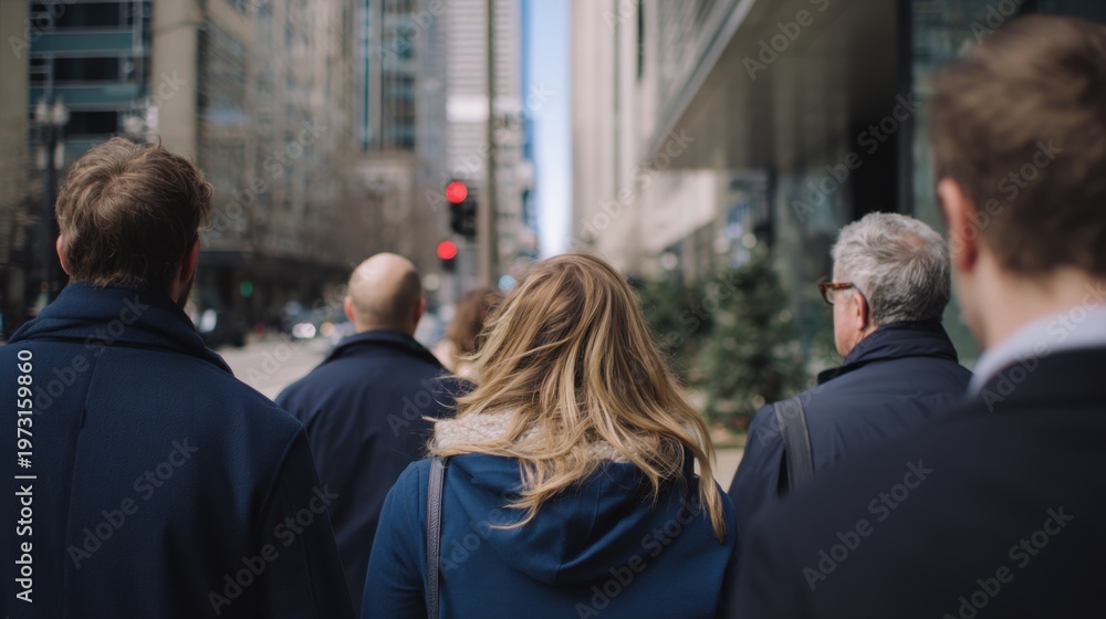 Fototapeta premium Diverse group of professionals walking together on a city street towards office buildings