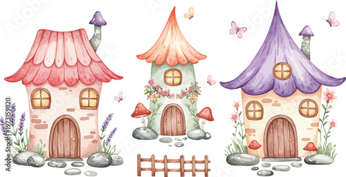 Whimsical fairy tale houses with colorful roofs and gardens in a magical setting with mushrooms and butterflies