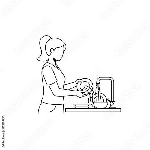 Woman washing dishes at kitchen sink with running water, clean plates, simple line art illustration.