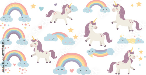 Whimsical illustration of unicorns and colorful rainbows with clouds and stars on a white background for kids