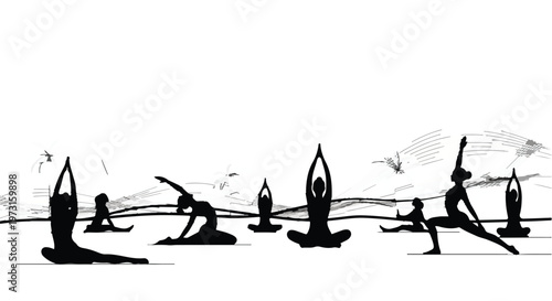 Silhouettes of people practicing yoga outdoors in serene natural landscape