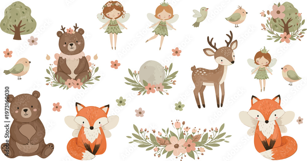 Naklejka premium Whimsical forest creatures and plants with fairies and animals in a magical setting with trees and flowers everywhere