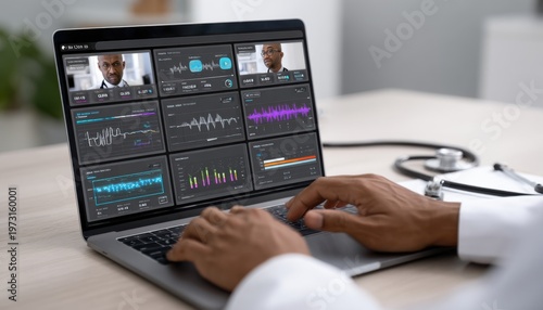 Doctor analyzing complex patient data and medical charts on a laptop screen during a telehealth consultation
