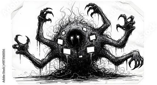 scary chaotic scribbles of a nightmarish drawing of a monster 