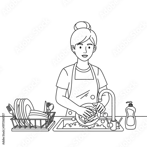 Woman washing dishes at kitchen sink, line art illustration, home chores, cleaning routine