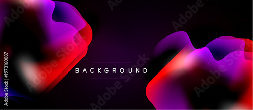 Abstract fluid shapes blend, creating vibrant purple, pink, red gradients. Dark background emphasizes flowing design, text reads background.