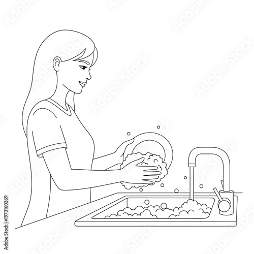 Woman washing dishes at kitchen sink, line art illustration