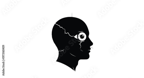 Black silhouette of a head with a large, watchful eye visible through a crack, symbolizing awareness or insight.