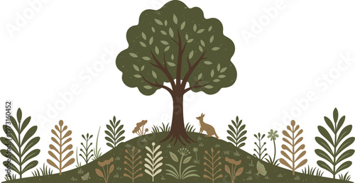 A tree standing alone on a small hill surrounded by various plants and foliage in a natural landscape scene