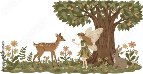 Whimsical fairy and deer standing by tree in a lush forest clearing with wildflowers and greenery around them