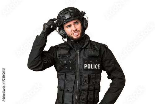 SWAT over isolated chroma key background having doubts and with confuse face expression