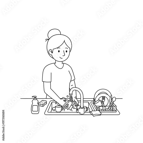 Woman washing dishes by hand in kitchen sink, domestic chores, line art illustration