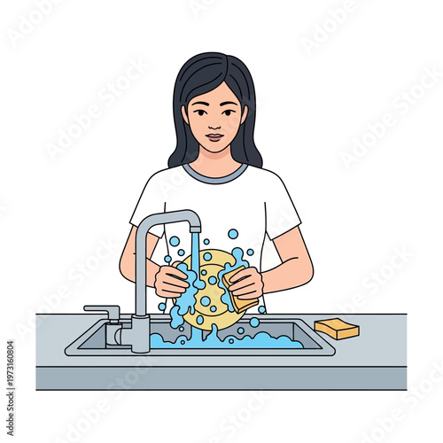 Woman washing dishes in kitchen sink with running water and soap bubbles