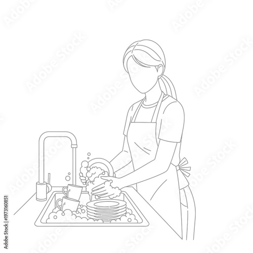 Woman washing dishes in kitchen sink with soap suds and running water