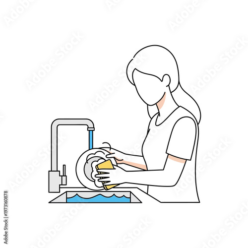 Woman Washing Dishes in Kitchen Sink with Sponge and Running Water