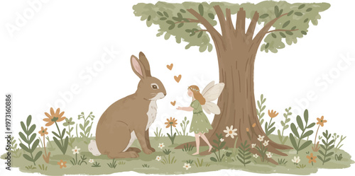 Whimsical illustration of fairy and friendly rabbit under tree in lush garden with colorful flowers and foliage