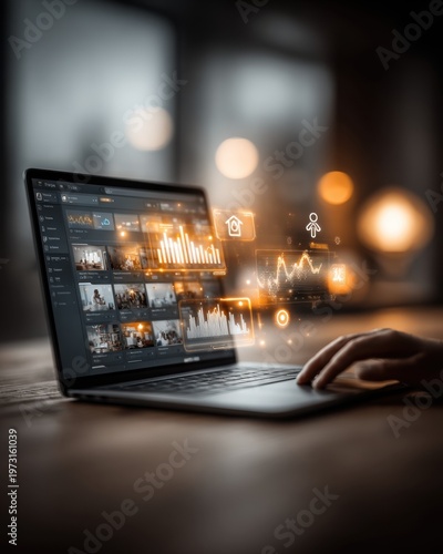 Close up of laptop displaying financial data, charts, and graphs with glowing orange overlays