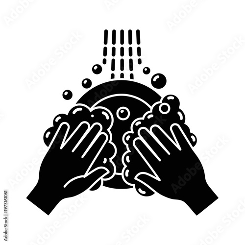 Washing Dishes Icon: Hands Scrubbing Plate with Soap Suds and Water Droplets