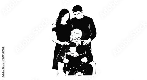 Loving family gathers around grandfather reading a book to a child, sharing a heartwarming moment.