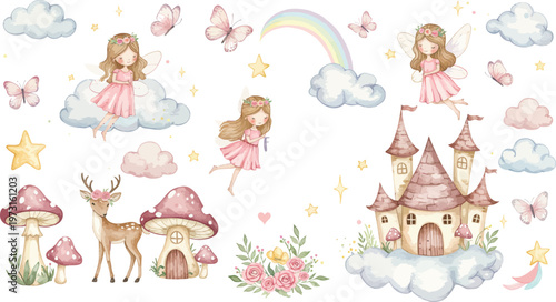 Whimsical fantasy illustration of princesses deer mushrooms castle and rainbow in a dreamy magical scene