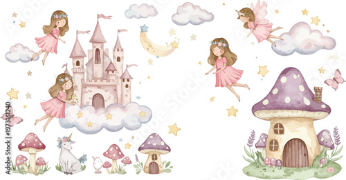 Whimsical illustration of fairy tale princesses and magical castles in fantasy landscape with unicorns and mushrooms
