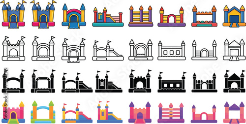 Bounce house icons set multiple style collection. Editable stroke