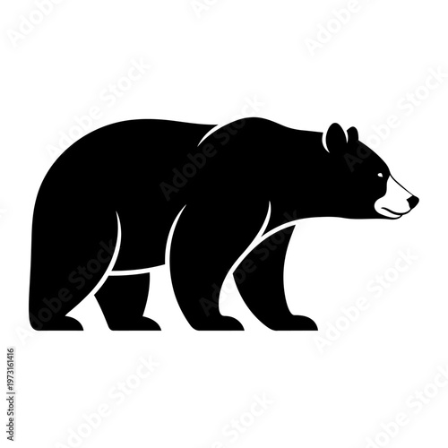 A simple, bold black silhouette of a bear walking, rendered in a clean, minimalist graphic style