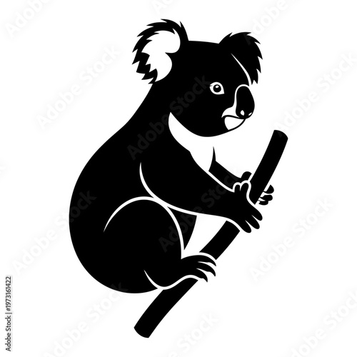 Black silhouette of a koala bear clinging to a tree branch, isolated on a white background, iconic marsupial illustration
