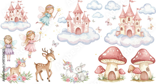 Whimsical fantasy scene with castles princesses deer mushrooms and clouds in a dreamy landscape
