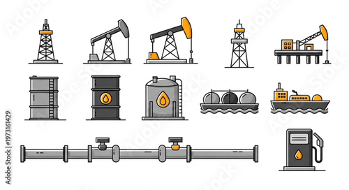 Oil and Gas Industry Icons - Extraction, Storage, and Transportation.