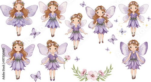 Seven identical fairies in purple dresses with flowers and stars on a white background illustration