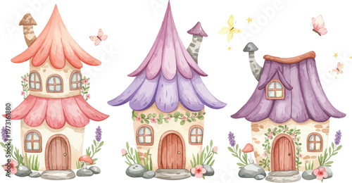 Whimsical watercolor illustration of three colorful fairy tale houses with flowers and spires in pastel colors