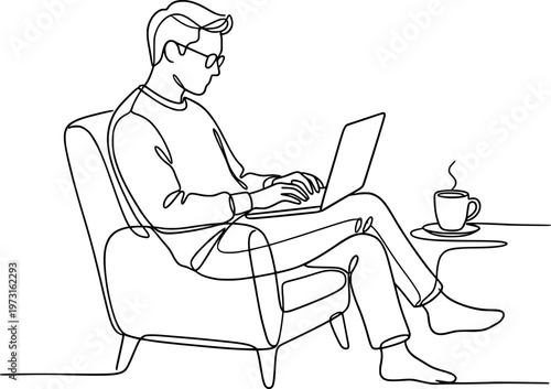 Minimalist One Line Drawing of Remote Worker with Laptop - Flexible Work and Freelance Lifestyle Concept