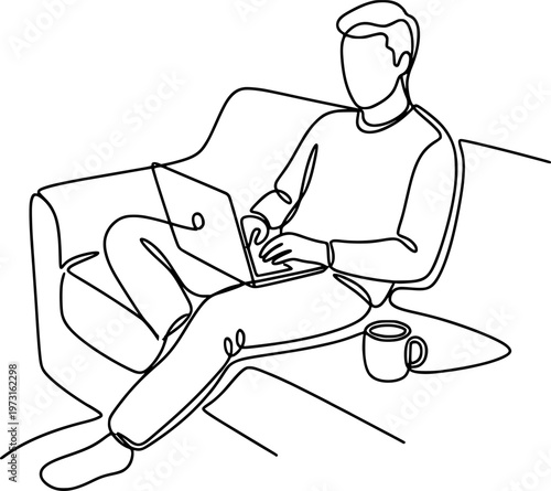 Minimalist One Line Drawing of Remote Worker with Laptop - Flexible Work and Freelance Lifestyle Concept