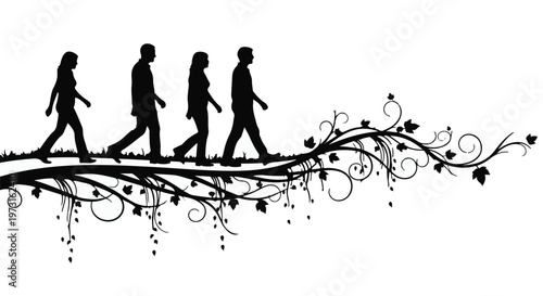 Silhouettes of people walking on a decorative branch, symbolizing journey and growth.