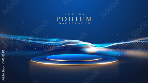 Abstract luxury blue background with 3d gold podium and particle wave. Modern elegant product display platform showing bright bokeh. Realistic winner award ceremony stage with shiny spotlight.