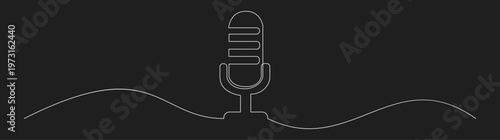 Minimalist single line drawing of a vintage microphone with a sound wave on a dark background.