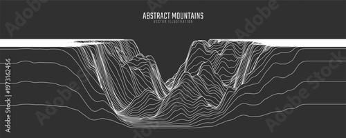 Contour mountain landscape. Waved line art. Abstract minimal topographic map. Contour lines with elevations and terrain depth. Vector illustration.