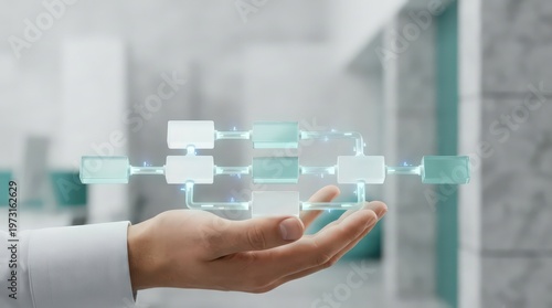 Business hand supporting translucent modular workflow blocks with glowing signal paths in a soft office background for enterprise platform architecture header