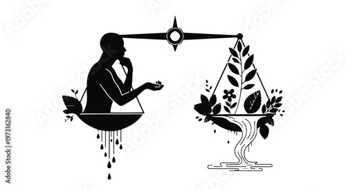 Silhouette of a person weighing choices on a balancing scale, representing environmental impact and human decision-making.