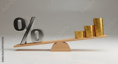 Impact of high interest rates on savings | Financial balance concept with gold coins and percent sign | Economic inflation and wealth management | Rising interest rates affecting personal finance