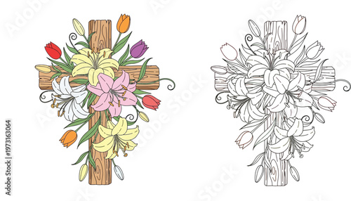 Wooden Christian Cross Decorated with Spring Lilies and Tulips Flowers, Religious Easter Illustration and Line Art Coloring Page for Kids and Adults